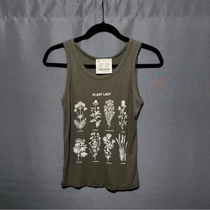 French Pastry Plant Lady Ribbed Tank Top Small Olive Green Floral Botanical Herb